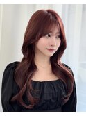 レッドブラウン/流し前髪/韓国ヨシンモリ/似合わせ顔周り