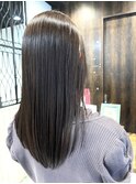 ロングショートワンカールパーマカーキグレージュ前髪錦糸町