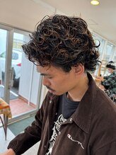 O メンズカットパーマハイライトブラウン×ハイトーン