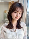 ミニウルフ前髪パーマ韓国くびれミディアムチェリーブラウン