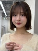 顔から周りカット/縮毛矯正/ダークブラウン/コーラルピンク