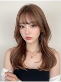 薄め前髪小顔顔まわりカットセミロングレイヤーグレージュ