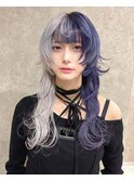 ホワイトシルバー＆ブルーラベンダーツートーンロングウルフ
