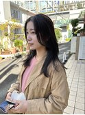 韓国くびれミディアムヘア似合わせ顔まわり暗髪グレージュカラー