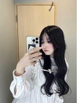 アム 表参道(am) 小顔薄めバンググレージュレイヤーロング前髪パーマ黒髪