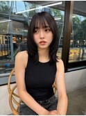 黒髪ボブルフネビージュワンレンくびレイヤーミディアムヘア