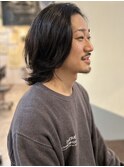 メンズ黒髪マッシュウルフ20代30代40代ミディアムパーマ前髪なし