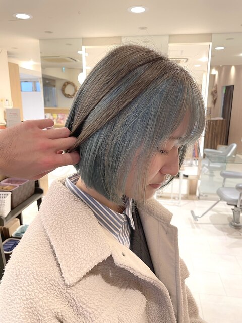 インナーカラーケアブリーチダブルカラー水色ブルー志木髪質改善