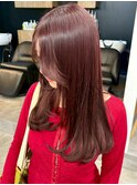 暖色カラーチェリーレッド＊ロングレイヤーカットサイドバング