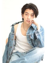 メンズダークアッシュニュアンスパーマ韓国マッシュウルフカット