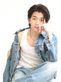 メンズダークアッシュニュアンスパーマ韓国マッシュウルフカット