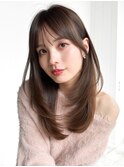 ロング顔周りレイヤー韓国ヘアココアベージュ_F41279
