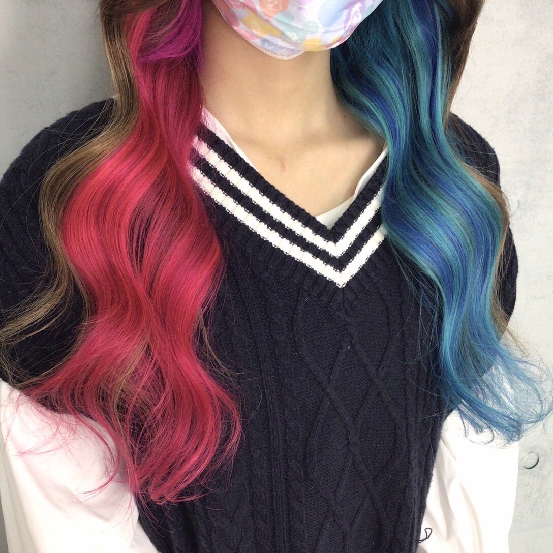 レッドピンク×ターコイズ#シールエクステ#ツートンカラー#千葉