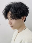 調布波巻きパーマメンズマッシュセンターパートスパイラルパーマ