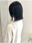 【YOKE】黒髪暗髪就活ヘアッシュグレージュカラーぱっつんボブ