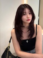 レイヤーミディ前髪黒髪ボブルフネビージュ小顔ワンレン