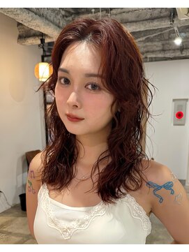 レイヤーパーマ/ミディアムレイヤー/オレンジブラウン/暖色