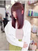 前髪パッツン×艶感たっぷりレッドブラウンカラー
