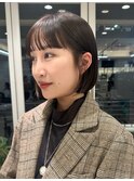 切りっぱなしボブブラウンイメチェン前髪フルバング小顔ベージュ