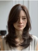 大人ダークグレイブラウン顔周りレイヤー流し前髪