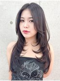グレージュブラウン/ミディアムレイヤー/韓国巻き/顔周りカット