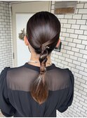 編みおろし　タイトポニー　金箔　参列ヘア　タイトヘア