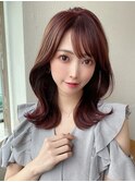 デジタルパーマ韓国くびれヘアミディアムチェリーブラウン