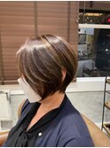 大人ショートボブ斜めバングオレンジブラウン30代40代50代