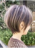 小顔ショートボブ/丸みショート/白髪ぼかし/ハイライトカラー