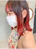 インナーカラー、毛先カラー、レッド、外はネボブ