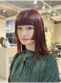 姫カット　レッドブラウン　眉上バング