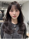 韓国ワンカール ロングレイヤー ぱっつん前髪シアーグレージュ