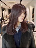 ボルドー暗めレッドカラーレイヤーカット前髪顔まわりカット