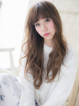 大波純一美容室パーティハン フェミニンぱっつん前髪グレージュウェーブロングa小山10代20代