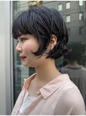 CAF 照下 ダークブルー ショート ボブ パーマ
