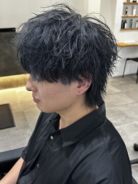 リオールバイニアウ(RE:ALL by Niau) メンズマッシュウルフブルーブラックブリーチカラーウルフ