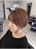 大人ショートボブ/アンニュイボブ/斜めバング/オレンジブラウン