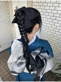 ツインポニー　三つ編み　成人式ヘア　振袖ヘアセット