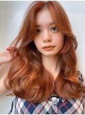 アプリコットオレンジ艶っぽフェミニンロングウェーブロングヘア