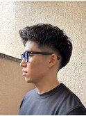 フェザーパーマグレーブルーカラー刈り上げショートバング
