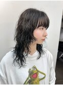 レイヤーロングウルフカットウルフパーマブルーブラック