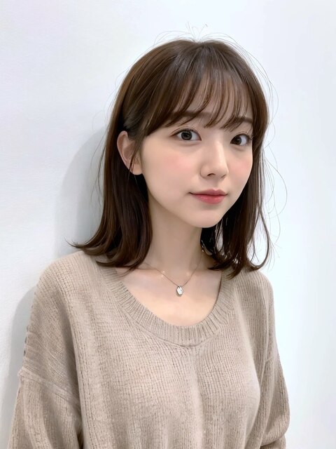 大人ヘア 前髪ありふわっと外ハネボブ ミディアム顔周りレイヤー