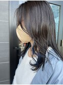 透明感グレージュセミロング ブルーインナーカラー
