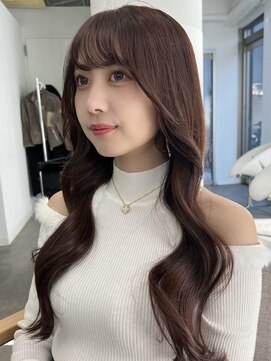 アム 表参道(am) 小顔薄めバンググレージュレイヤーロング前髪パーマ黒髪