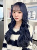 11216黒髪ブルーカラー韓国風巻き姫カットレイヤーワンカール