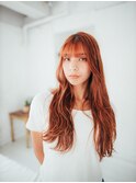 ロングぱっつん前髪顔周りレイヤーオレンジ