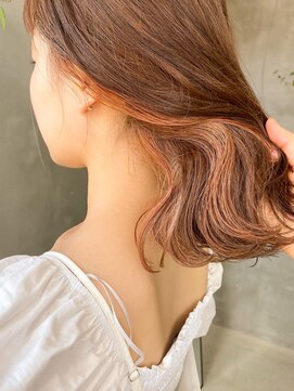 テトヘアー(teto hair) インナーカラー オレンジカラー 眉上 ボブ ロブ ナチュラル