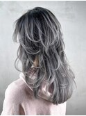 ロング美髪韓国ヘア顔周りレイヤーホワイトベージュ_ba542351