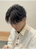 韓国風センターパートシースルーバングメンズ透明感カラー