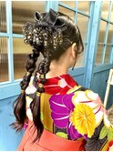 卒業式　ツイン編み下ろしヘア　袴着付け